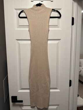 Sleeveless Ribbed Knit Midi Dress in Beige